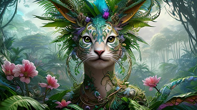 award winning portrait painting mesmerizing whimsical creature in a fantasy jungle  intricate realistic details  amazing clouds