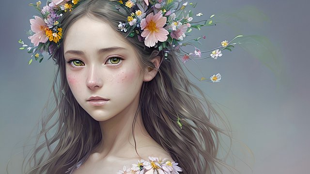 A portrait of a stunning, beautiful woman with flowers in her hair