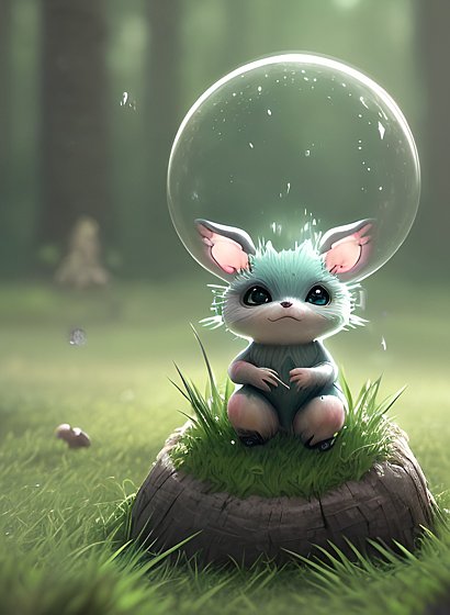 a cute little whimsical creature in grass  in a forest