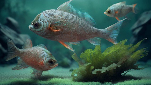 breathtaking photo of fishes in algae, intricate realistic details