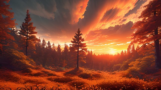 award winning orange sunset colors on a forest  intricate realistic details  breathtaking clouds