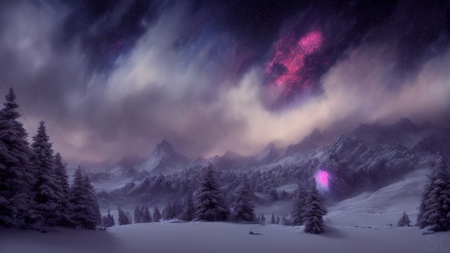 breathtaking photo of a night snowy landscape with a nebulae  colorful  intricate realistic details