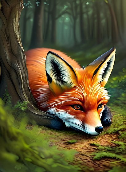 fairytale painting of a fox lying in a forest  intricate details