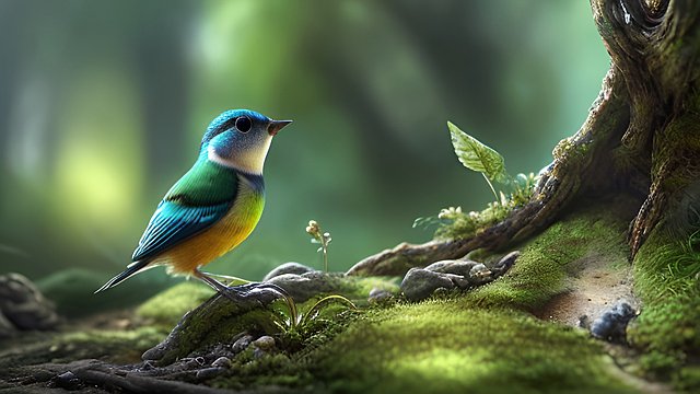 award winning photo of a mesmerizing small bird in a forest  intricate realistic details  amazing clouds
