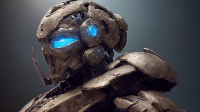 breathtaking portrait of a humanoid armored robot, dark background, intricate details