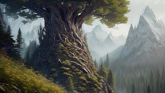 the most breathtaking photo of forest mountain  intricate realistic details