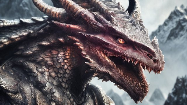 breathtaking close up painting portrait of a breathtaking dragon with scales and horns  snowy mountains background  intricate realistic details