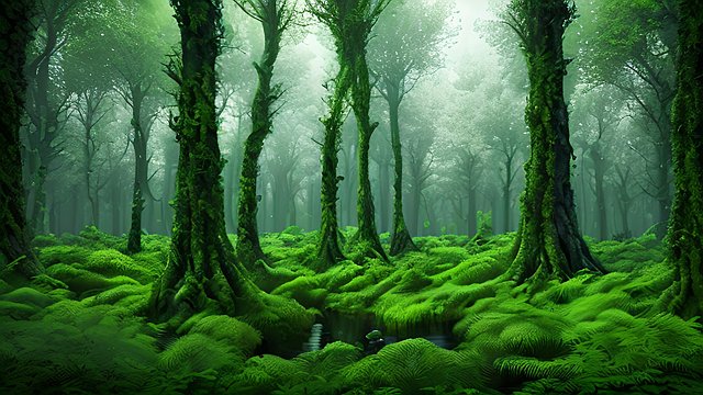 award winning high contrast photo of a mesmerizing green forest  intricate realistic details  amazing clouds