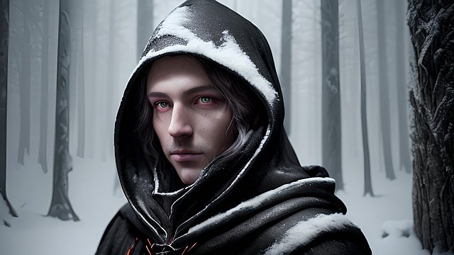 portrait of a beautiful dark sorcerer with a hood in a snowy forest - high-resolution  ultra-detailed  hyper-realistic  photorealistic