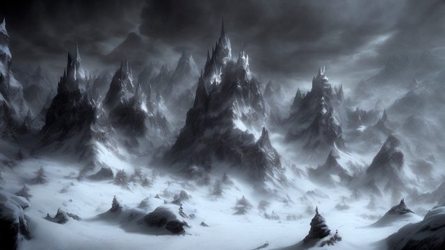breathtaking painting of a mesmerizing dark fantasy snowland  high contrast  intricate realistic details  amazing atmosphere