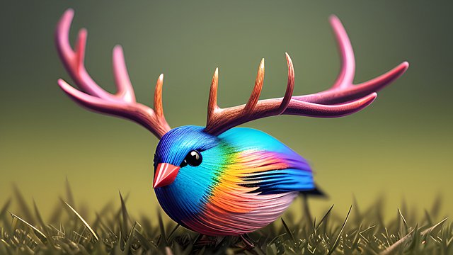 award winning photo of a colorful mesmerizing small bird with antlers in grass  intricate realistic details