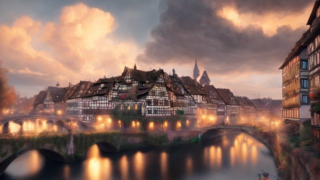 award winning painting of strasbourg, intricate realistic details, amazing clouds