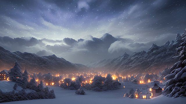 award winning night shot of a snowy landscape  high contrast  intricate realistic details  breathtaking clouds