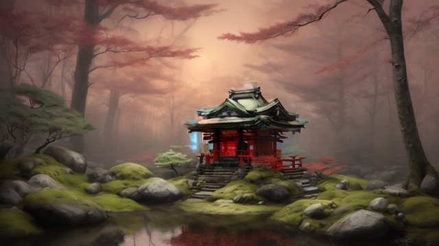 little shrine in a forest  japan  award winning painting
