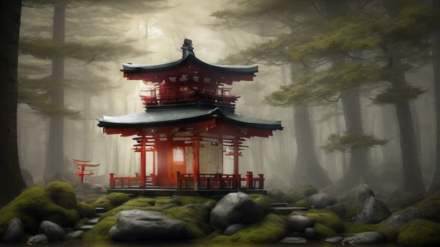 little shrine in a forest  japan  award winning painting