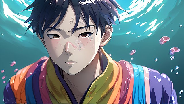 breathtaking colorful anime portrait of a chinese boy thinking underwater  anime style  manga
