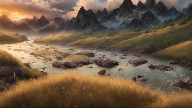 award winning photo of mountains and rivers, intricate realistic details, in a grass field, amazing clouds