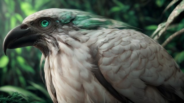 breathtaking photorealistic portrait of a mesmerizing creepy bird in a dark jungle  intricate photorealistic details