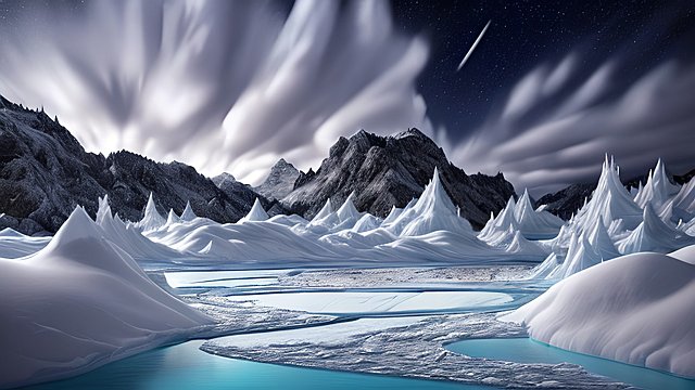 award winning photo of a mesmerizing snow land icy lake  high contrast  night  intricate realistic details  amazing clouds