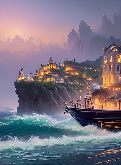 beautiful painting of a boat on the sea, a small city in the background