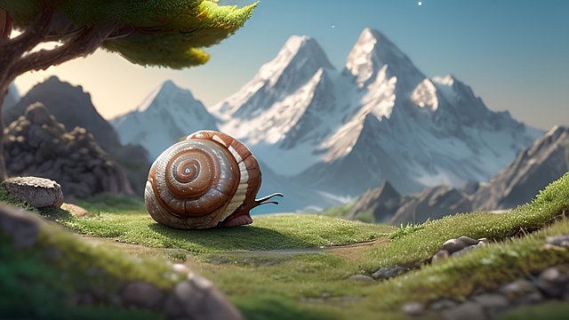a cute little snail  amazing mountain background