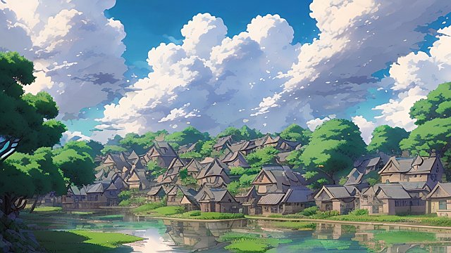 breathtaking anime painting of a village in an anime or manga style  manga  in the open with astonishing clouds