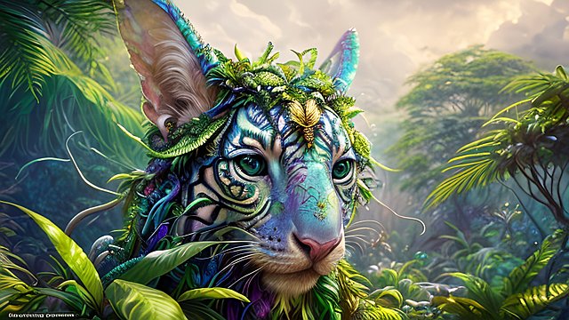 award winning portrait painting mesmerizing whimsical creature in a fantasy jungle  intricate realistic details  amazing clouds