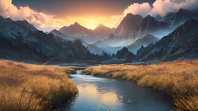award winning photo of mountains and rivers, intricate realistic details, in a grass field, amazing clouds