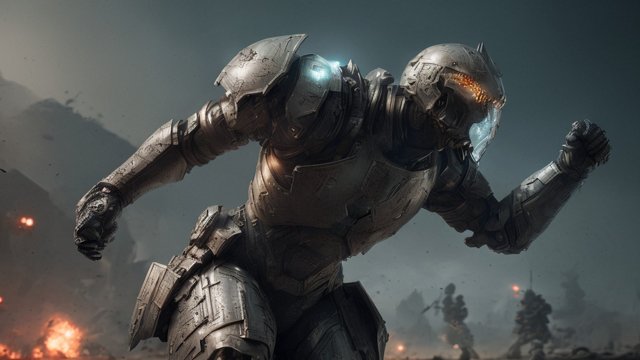 an armored soldier running in the battlefield  futuristic  intricate details