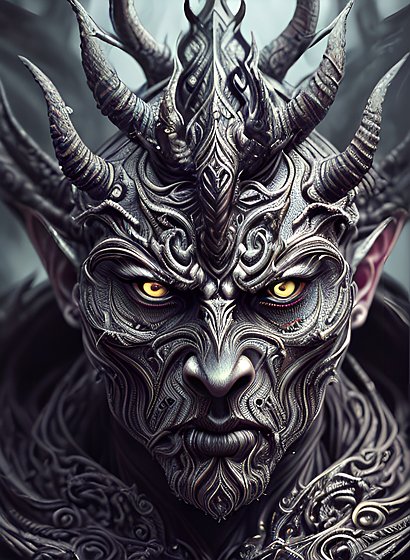 extremely impressive award winning painting of the serious face of a demon god  intricate details