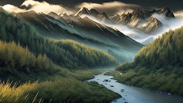 award winning high contrast mesmerizing photo of mountains and rivers, intricate realistic details, in a grass field, intricate realistic details, amazing clouds