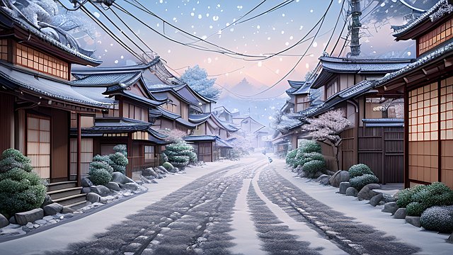 japanese countryside street during winter  anime style  manga style  soft