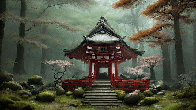 little shrine in a forest  japan  award winning painting