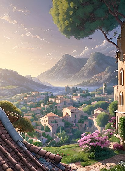 beautiful painting of mediterranean roof and countryside, amazing landscape