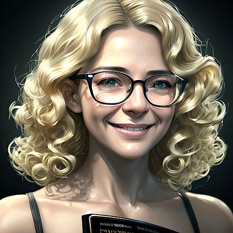 smiling blonde woman with glasses  curly hairs  award winning  dark background