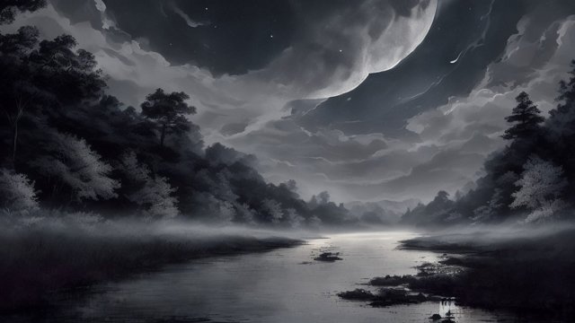breathtaking ink painting of a river and forest with fireflies under the moonlit sky  thoughts wander like fireflies  visible sky and visible moon  breathtaking clouds at dawn during the morning