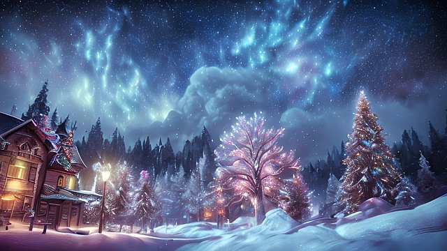 4k breathtaking photo of a night snowy Christmas landscape with a nebulae  colorful  intricate realistic details