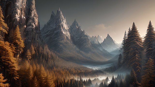 the most breathtaking photo of forest mountain  intricate realistic details  dark shades