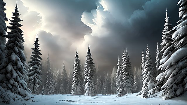 award winning photo of a snowy dense forest, high contrast, intricate realistic details, amazing clouds