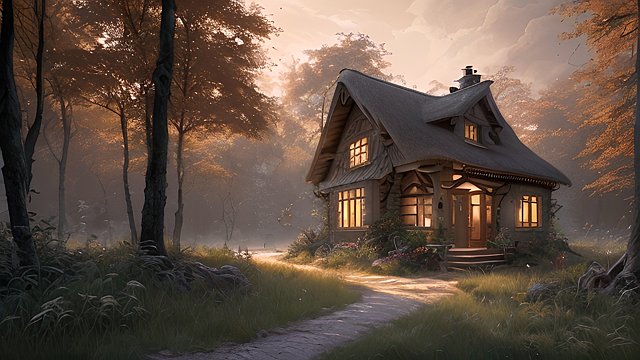 the most breathtaking award winning amazing 4k uhd detailed fascinating photo of a small cottage in a forest during sunset  intricate realistic details  dark orange shades