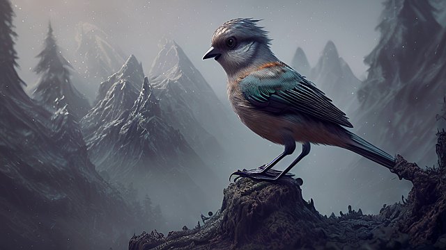 breathtaking picture of a cute little bird  intricate details  forest mountains  dark atmosphere