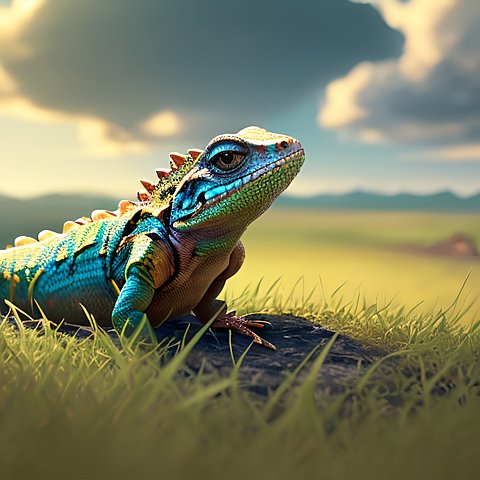 a whimsical cute little lizard in the grass  beautiful landscape  clouds