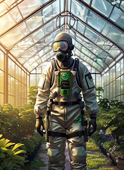 CBRN defense worker in a greenhouse, intricate details
