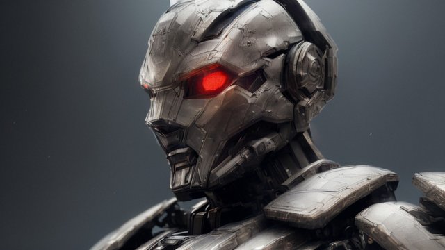 breathtaking portrait of a humanoid armored robot, dark background, intricate realistic details
