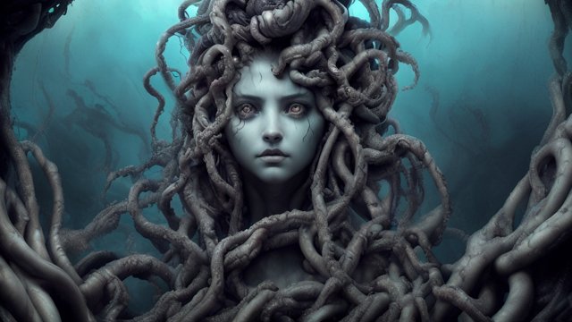 breathtaking photo of a creepy medusa in the deep sea  realistic  award winning shot  reflections  intricate details