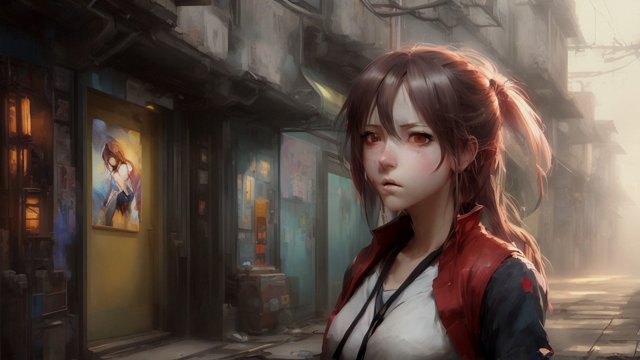 portrait face anime happy girl in an alley  anime painting  anime manga style  manga style  anime style