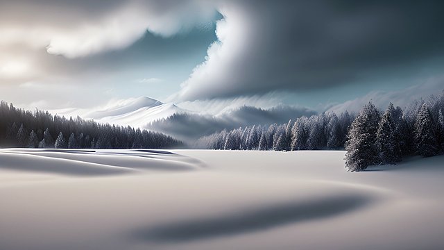 award winning photo of a snowy landscape  high contrast  intricate realistic details  breathtaking clouds