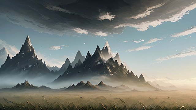 award winning painting of floating mountains, intricate details, in a grass field, white clouds