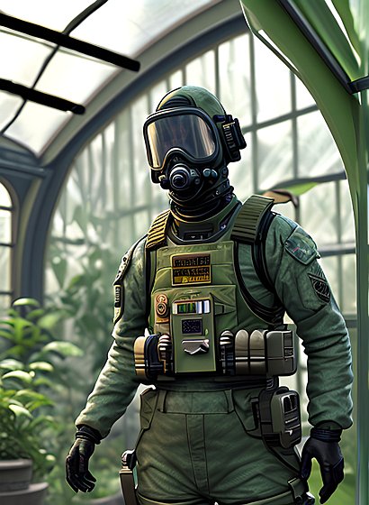 CBRN defense worker in a greenhouse, detailed view