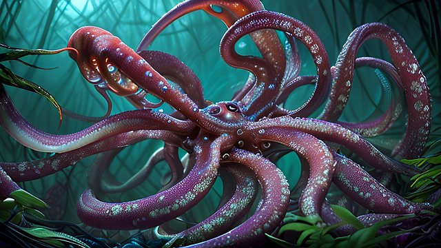 award winning photo of a mesmerizing creepy squid in a dark jungle  intricate realistic details